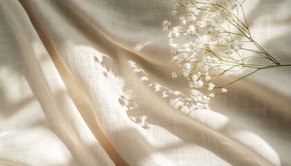 Craft a sophisticated boho wedding background with textured neutral beige linen. Abstract floral sunlight shadows should enhance the fabric’s texture and create an elegant appearance