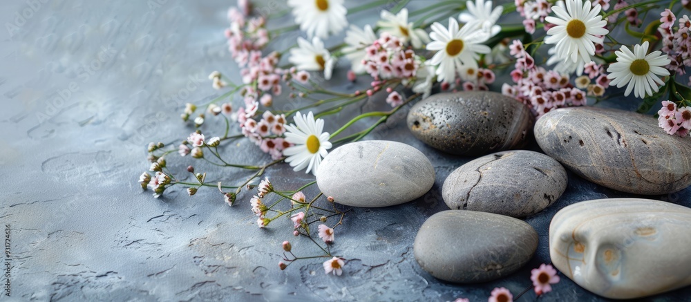 Poster Studio shot of polished granite stones featuring small flowers. with copy space image. Place for adding text or design