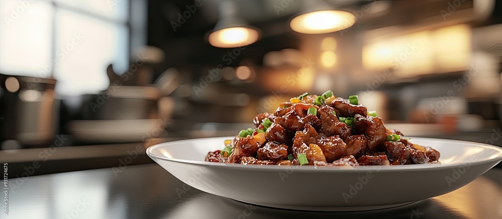 Poster A perspective of a plate of Mongolian Beef in a restaurant or kitchen environment. with copy space image. Place for adding text or design