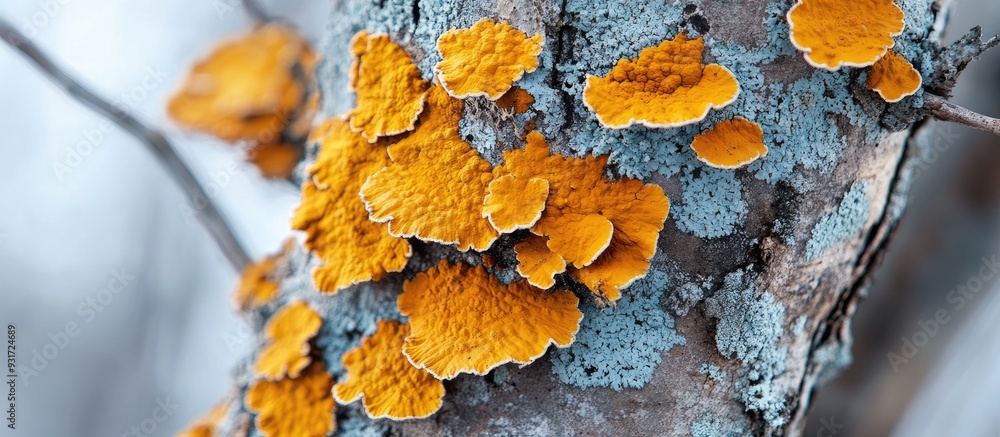 Poster Orange mold or lichen on a winter tree. with copy space image. Place for adding text or design