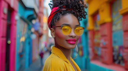 Obraz premium Woman in Yellow Jacket and Yellow Sunglasses Posing in Colorful Alleyway
