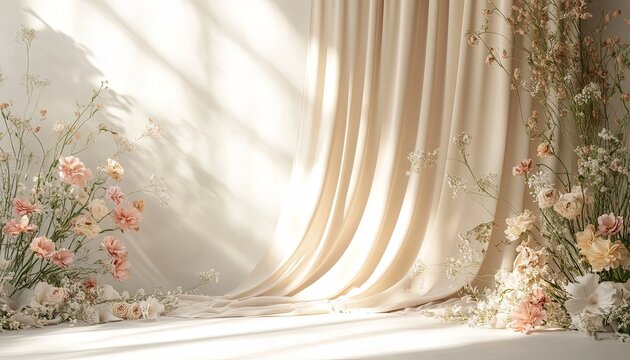 Create a luxurious boho wedding backdrop featuring softly draped neutral beige linen. Abstract floral patterns with delicate sunlight shadows should provide a professional and refined finish