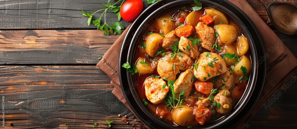 Poster Chicken stew featuring potatoes and vegetables Rustic slow cooked chicken Meat and vegetables are sauteed before being stewed Country style Top view Copy space Space for text