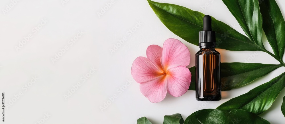 Poster a bottle of essential oils alongside a tropical flower on a white background concept of skin and bod