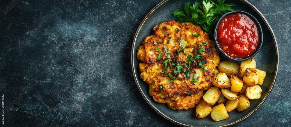 Aufkleber roasted hash brown potatoes and vegetable fritters arranged on a plate with tomato sauce dark backgr