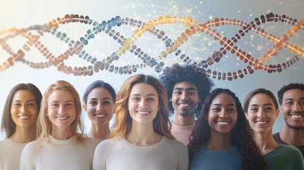 Group of diverse people with dna strands in the background, symbolizing genetic testing and human diversity.
