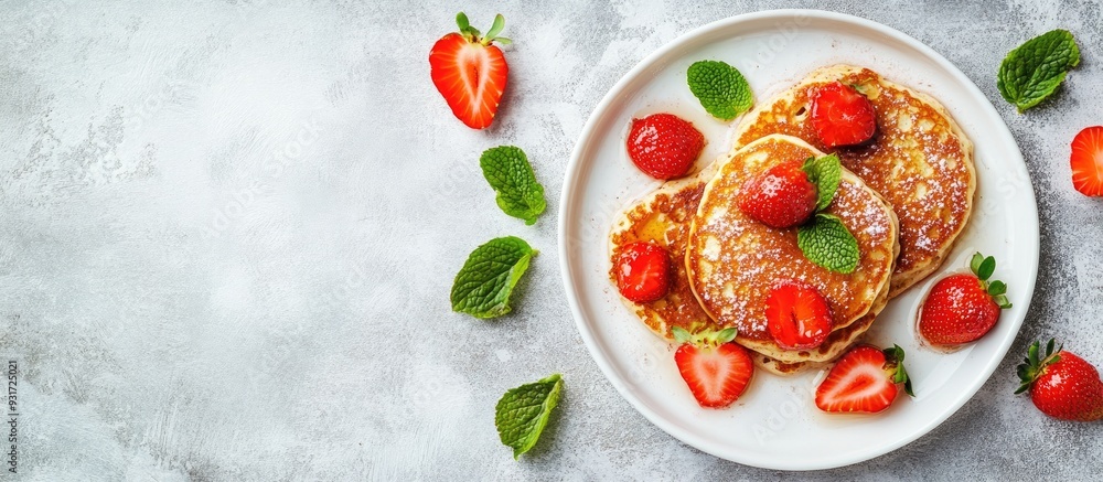 Aufkleber small grain pancakes with strawberries quick healthy breakfast pancake porridge set against a gray b