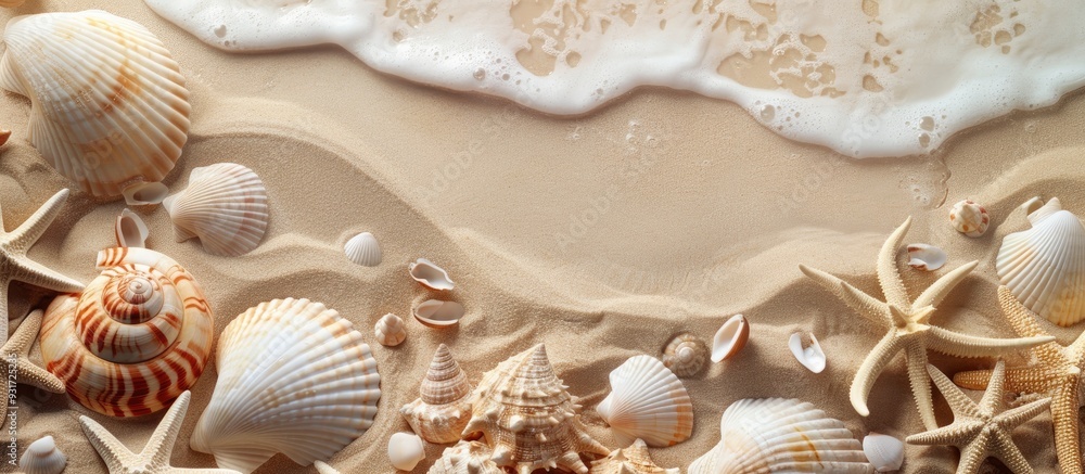 Poster picture frame on a background of shells and sand copy space
