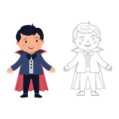 Halloween costume of little boy as vampire coloring page