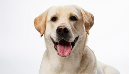 An isolated image of a friendly Labrador Retriever sitting on a white background, with its tail wagging and a happy expression, perfect for pet-themed content or family-oriented projects.
