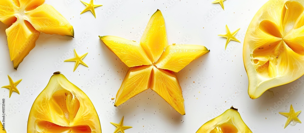 Leinwandbilder top view of star fruits on a white background with yellow watercolor. with copy space image. place f