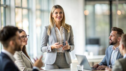 "Professional Female Presentation" – Businesswoman presenting with a softly blurred office interior.

