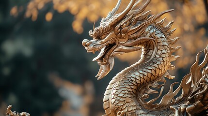 Fototapeta premium Close-up of a golden dragon statue with intricate details, set against a blurred background of autumn leaves.