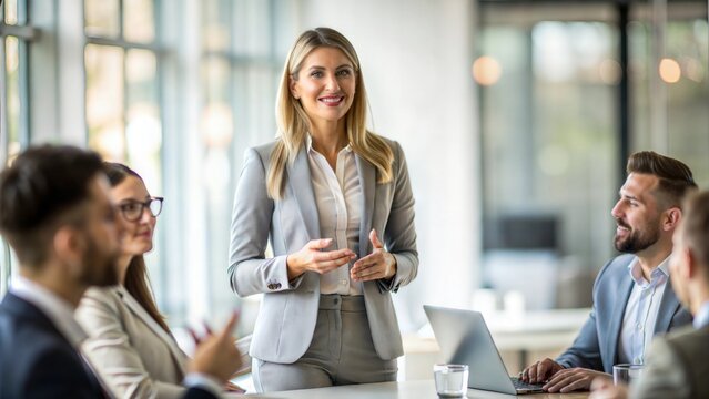 "Professional Female Presentation" – Businesswoman presenting with a softly blurred office interior.

