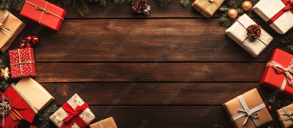 Aufkleber Christmas background featuring a frame of wrapped gift boxes toys and other presents arranged as an Advent calendar on a rustic wooden table. with copy space image. Place for adding text or design