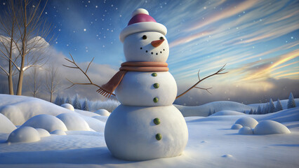 Obraz premium Cheerful snowman in a winter forest, festive and playful, surrounded by snowy trees