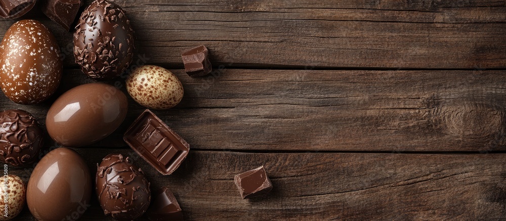 Aufkleber chocolate easter eggs and treats on a wooden background. with copy space image. place for adding tex