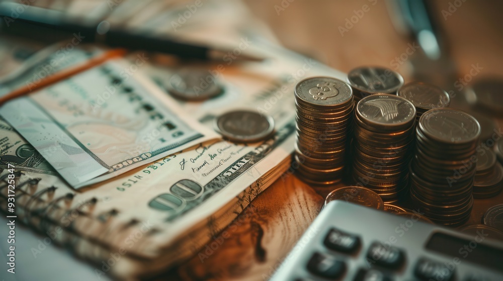 Fototapete a stack of cash and coins accompanies an open notebook filled with financial notes and calculations 