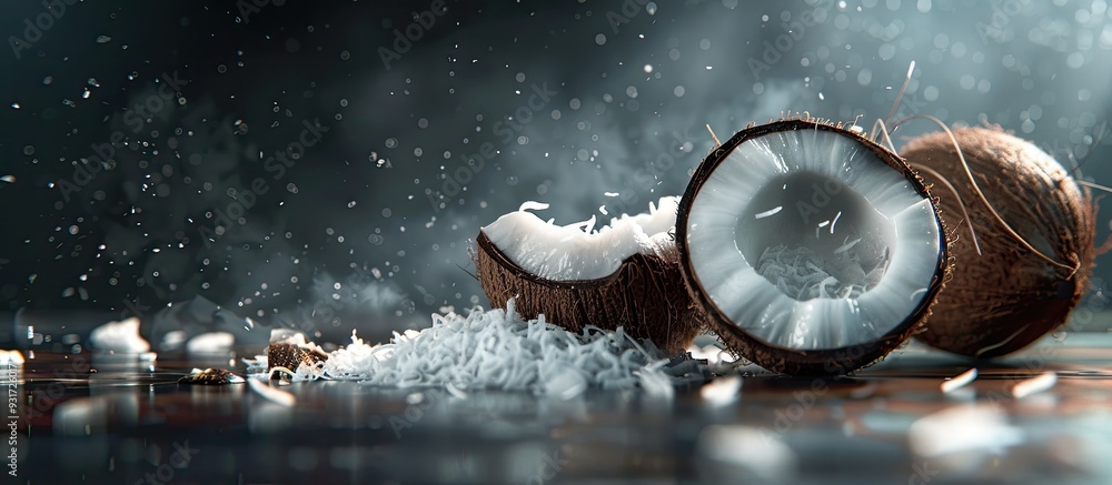 Aufkleber creative image of a halved coconut and coconut flakes on a dark backdrop. with copy space image. pla