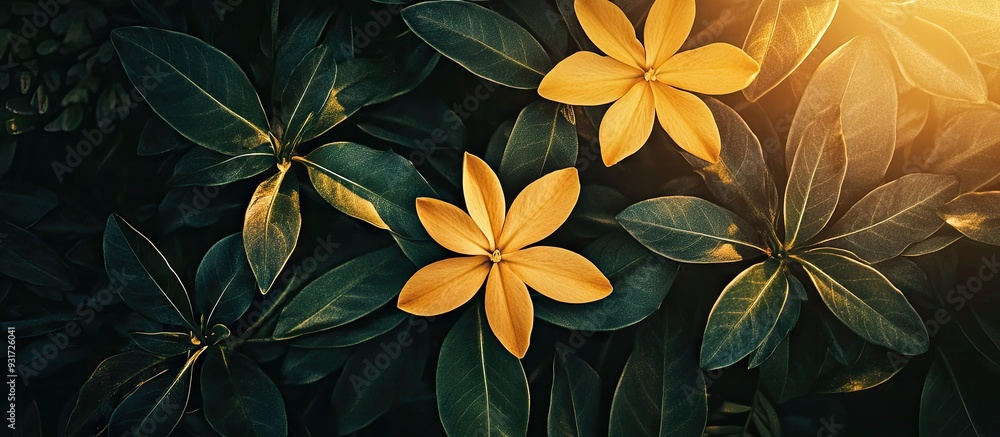 Poster yellow plant from a top view with sunlight. with copy space image. place for adding text or design