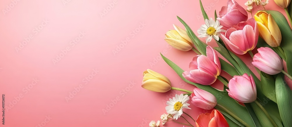 Poster spring floral card featuring a bouquet of tulip and ranunculus flowers. with copy space image. place