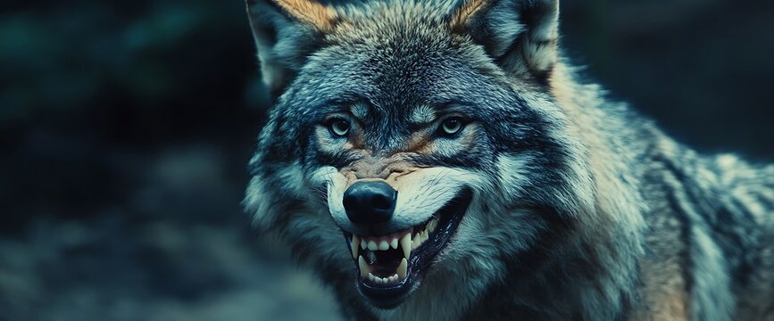 Close-up of a grey wolf snarling with bared teeth in a dark forest.