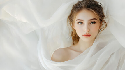 young beautiful woman standing on white background