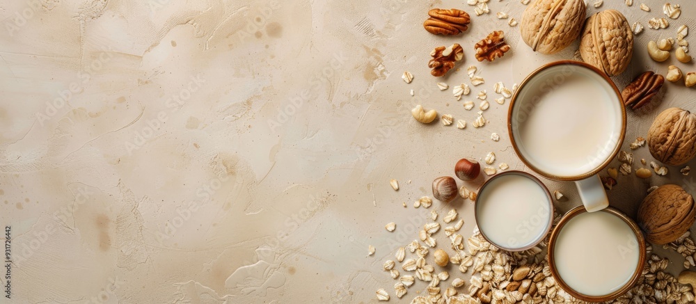 Poster cedar nut milk on a beige table background a non dairy milk alternative a concept for healthy vegeta