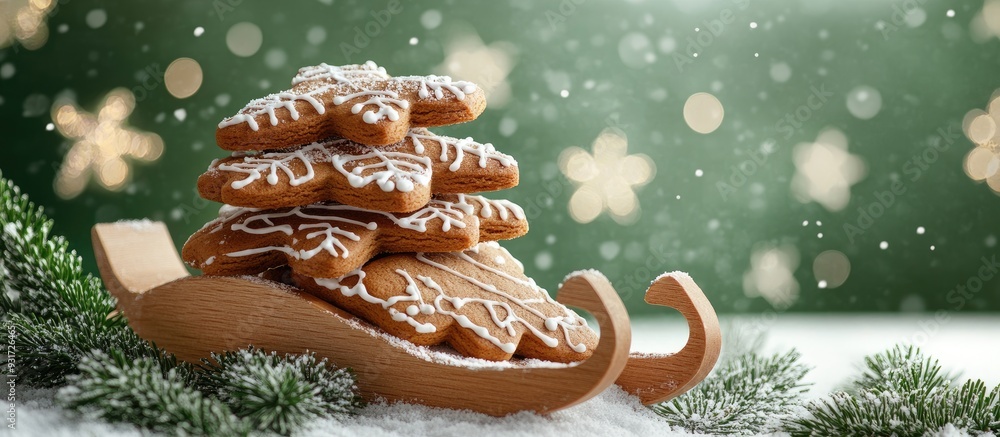 Poster stack of gingerbread cookies for christmas on a decorative wooden sled gingerbread cookies on a sled