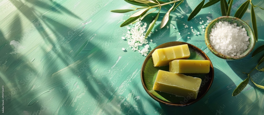 Aufkleber Olive soap bars and a bowl of sea salt on a colored background. with copy space image. Place for adding text or design