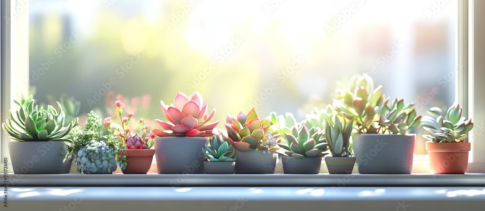 Leinwandbilder collective arrangement of succulents on the windowsill. with copy space image. place for adding text