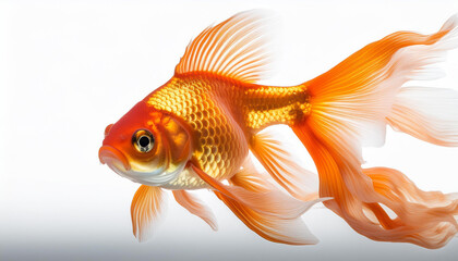 Fototapeta premium An isolated image of a graceful goldfish swimming on a white background, capturing its flowing fins and vibrant colors, ideal for aquarium-themed content or aquatic projects.