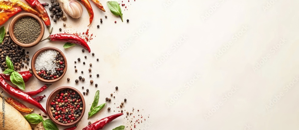 Poster cooking banner spices and cooking tools top view free area for your text. with copy space image. pla