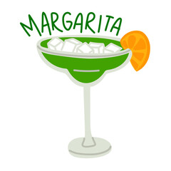 Margarita cocktail in a glass with a slice of lemon, an alcoholic drink, hand-drawn, with ice cubes and salt. Vector flat bright illustration. Mexican refreshing green drink. Bright with a name