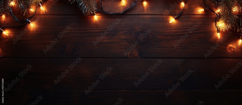 Aufkleber overhead view of christmas lights on a dark wooden table. with copy space image. place for adding te