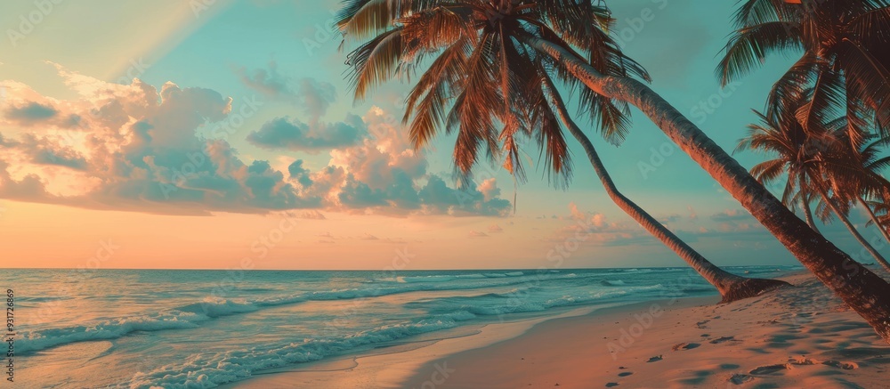 Poster Tropical beach featuring palm trees and the sea at sunset serving as a vintage style background for summer beach vacations. with copy space image. Place for adding text or design