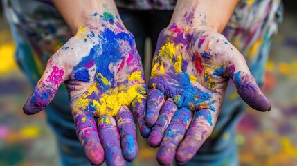 Close-up of colorful paint-covered hands