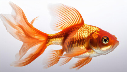 Fototapeta premium An isolated image of a graceful goldfish swimming on a white background, capturing its flowing fins and vibrant colors, ideal for aquarium-themed content or aquatic projects.