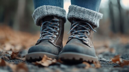 Close-up of rugged boots on a forest path, surrounded by autumn leaves, showcasing outdoor adventure and style.
