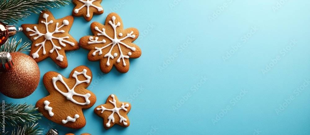 Aufkleber Christmas gingerbread cookies on a blue backdrop Christmas setting Festive scene. with copy space image. Place for adding text or design
