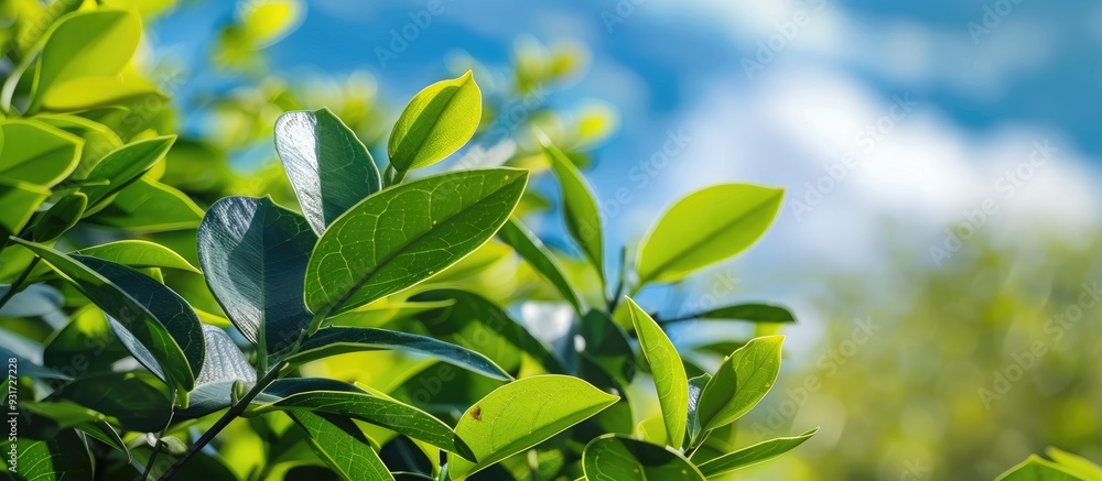 Aufkleber Ficus benjamina branches and leaves soft with selective focus against a blurred background of clouds and blue sky. with copy space image. Place for adding text or design