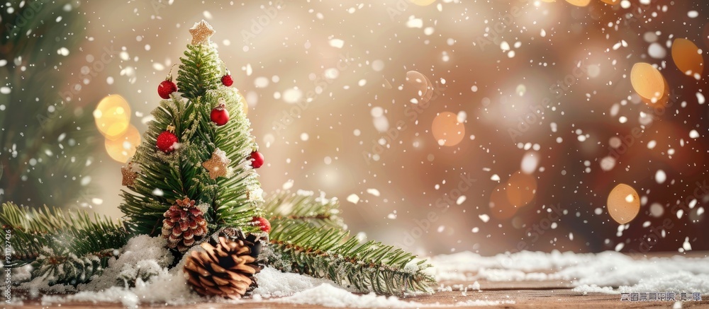 Poster merry christmas postcard backdrop small christmas tree in a snowy winter forest. with copy space ima
