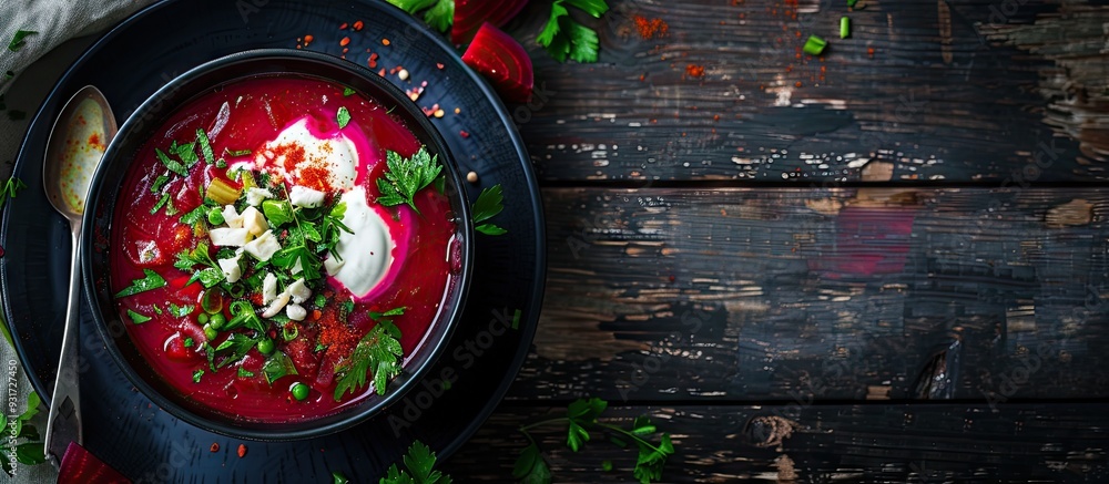 Poster traditional Ukrainian Russian soup borscht made from beets served with greens and sour cream. with copy space image. Place for adding text or design