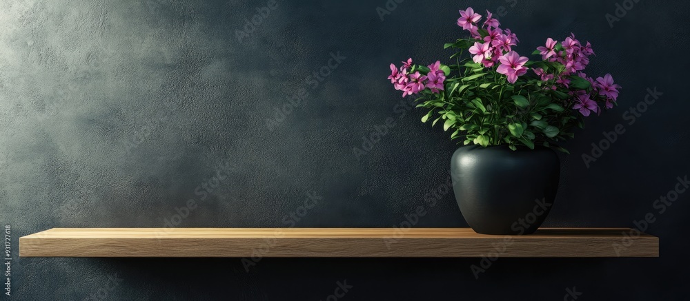 Aufkleber close up view of a flowering plant in a black pot on a wooden shelf houseplant idea. with copy space