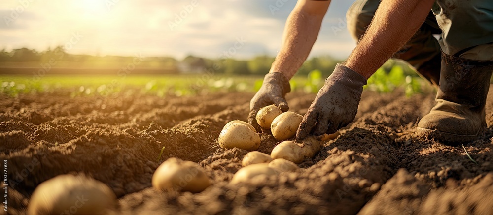 Poster a man is planting potatoes in a field. with copy space image. place for adding text or design