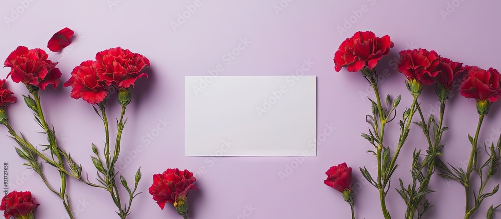 Aufkleber Red carnations and a blank card on a lilac backdrop. with copy space image. Place for adding text or design
