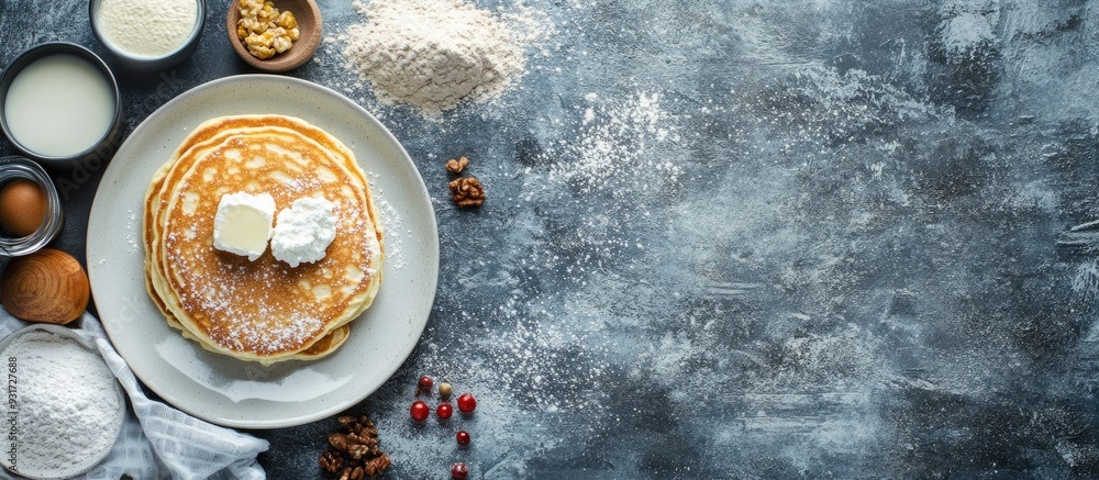 Poster plate featuring delicious cottage cheese pancakes and ingredients on a grunge background. with copy 