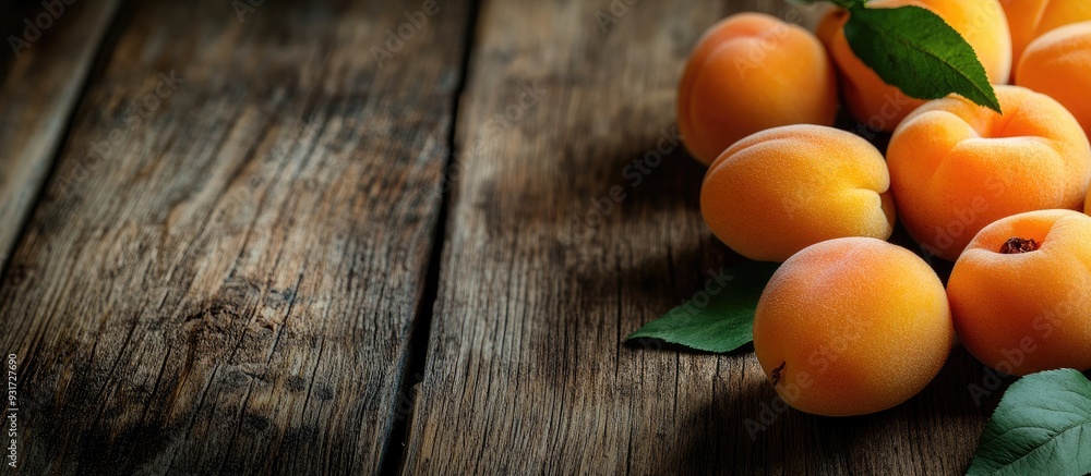 Aufkleber fresh ripe apricots on a wooden table closeup area for text. with copy space image. place for adding