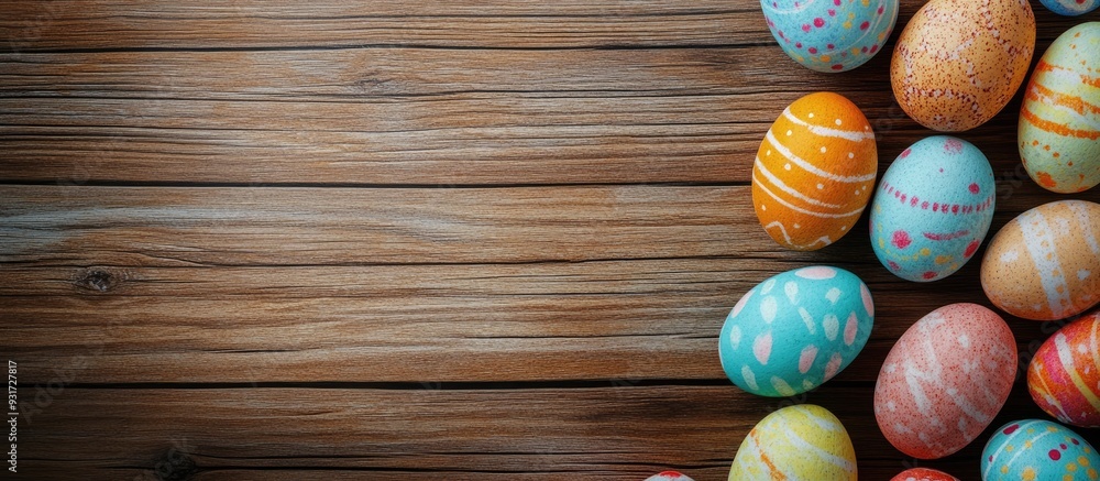 Aufkleber Easter greeting card featuring colorful Easter eggs on a wooden background Top view flat lay with room for your greetings. with copy space image. Place for adding text or design