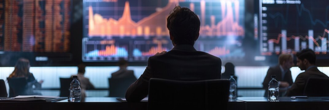 A professional conducts a financial seminar in a modern conference room, engaging an audience while data displays show relevant financial information. Generative AI